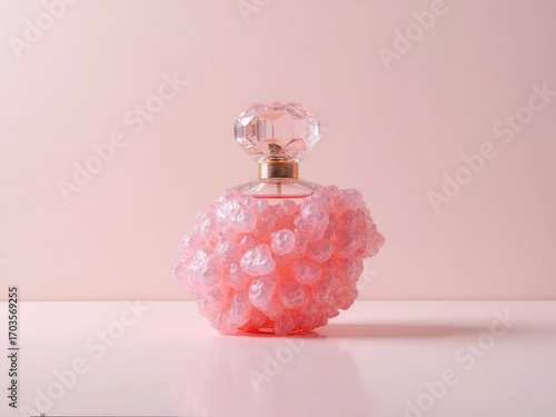 Artistic pink perfume bottle with textured design, placed on a soft pastel background