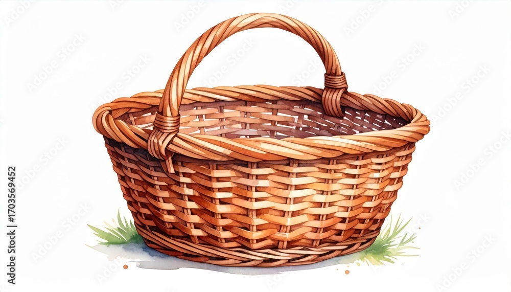 Obraz premium Woven Wicker Basket with Twisted Handle on White Background with Watercolor Detail