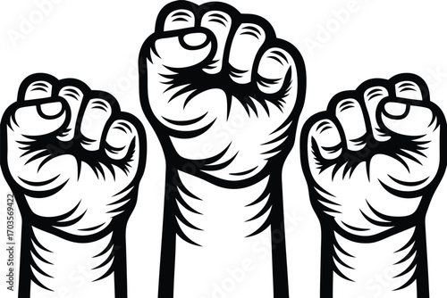 Black and white arms raised up with clenched fists symbolize solidarity and resistance