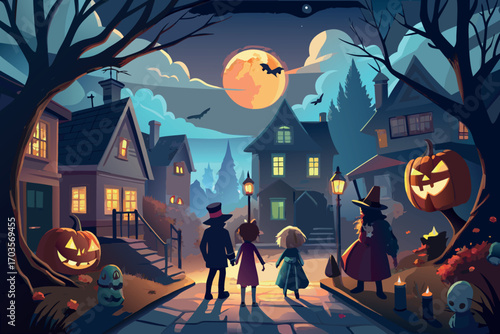 Children trick or treating on halloween night under a full moon