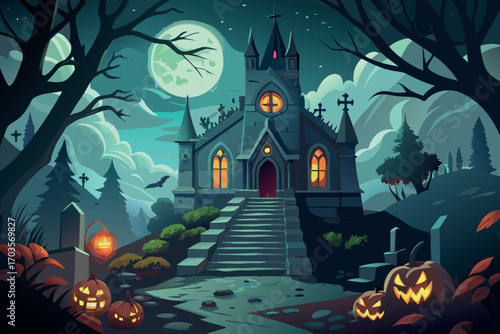 Spooky halloween church scene with jack o lanterns and full moon