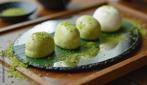 Assorted Japanese sweets served on a decorative plate with matcha powder in a serene setting