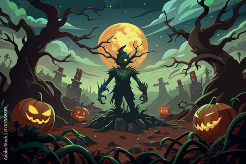 Spooky halloween night scene with jack o lanterns and a forest monster