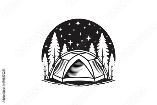 Black and white campsite shows tent among tall pines under the starry night
