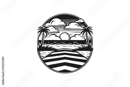 Black and white beach landscape in an oval with palm trees