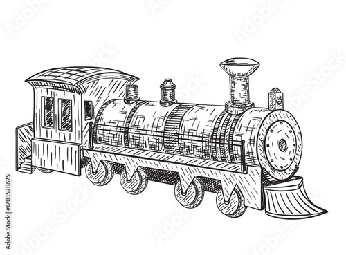 Toy train sketch. Wild West steam locomotive. Hand drawn old toy. Cute train, locomotive, railway. Hand drawn sketch