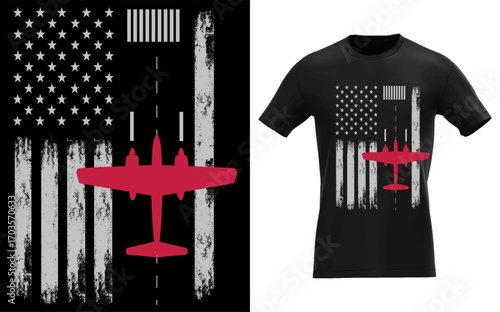 American flag on airport runway with airplane and pilot