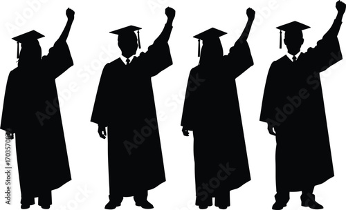 Silhouette of graduates wearing caps and gowns, raising hands in celebration, education success, academic achievement, college ceremony, graduation moment