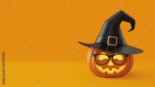 Pumpkin with Witch Hat and Glasses on Orange Backdrop