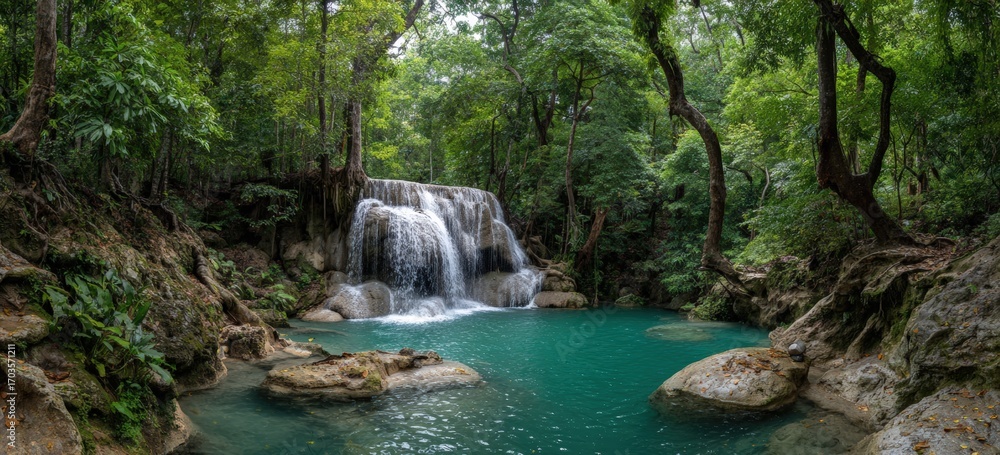 Naklejka premium Lush waterfall cascading into a turquoise pool, surrounded by a dense jungle