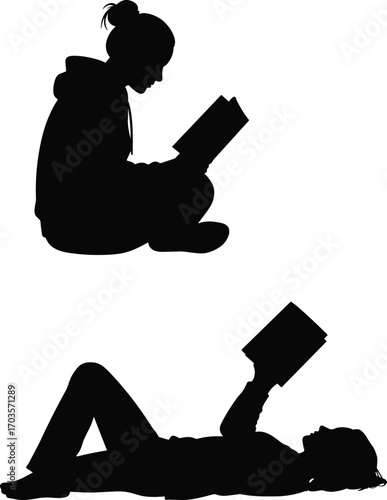 Silhouettes of people reading books in different poses, sitting cross-legged, lying down, studying, relaxing, education, leisure, learning, quiet moments