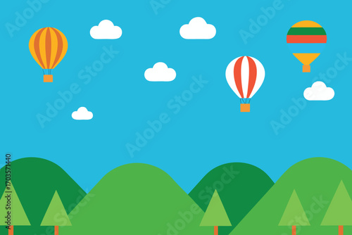 Colorful hot air balloons fly through a summer sky with clouds in a vector illustration