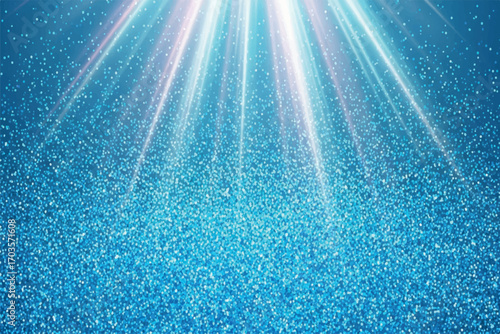 A shimmering blue glitter background with bright white light rays emanating from above.