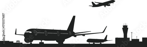 Airport Silhouettes with Airplanes on Runway and Control Tower – Commercial Jets, Aviation Infrastructure, Takeoff and Landing Scene Vector Illustration