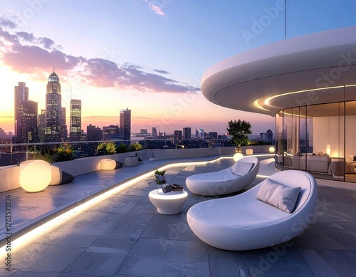 Modern Rooftop Lounge with City Skyline View at Sunset