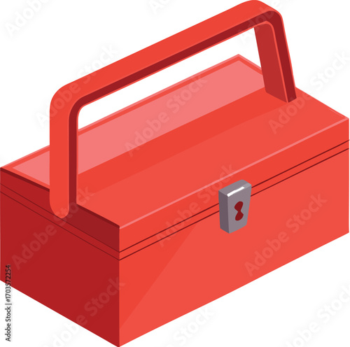 Red tool box, a closed storage case with a black handle, isolated on a white background