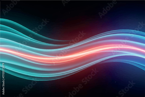 Abstract glowing light streaks forming a wavy pattern on a dark background, representing speed and technology