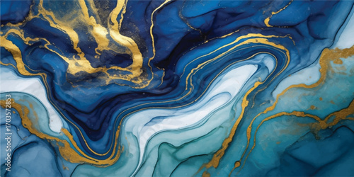 Abstract marbling of deep blues and golden hues with flowing organic patterns