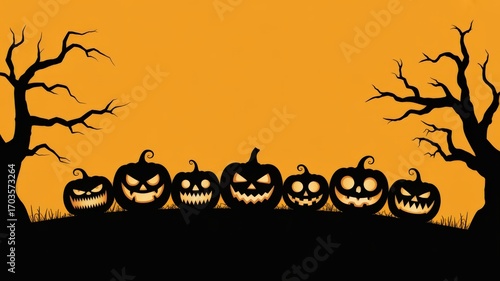 Silhouetted Jack O Lanterns with Trees on Orange Backdrop