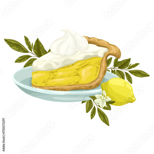 A mouthwatering hand-drawn vector illustration of a slice of lemon tart. This vibrant piece features a golden crust, creamy lemon filling, and a generous swirl of whipped cream