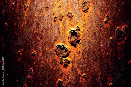Detailed texture of a rusty metal surface with irregular holes and a rich orange and brown patina, conveying a sense of industrial decay