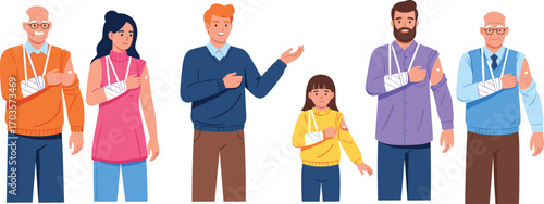 Diverse group of people with arm injuries wearing slings and bandages, medical recovery concept, healthcare illustration for rehabilitation awareness