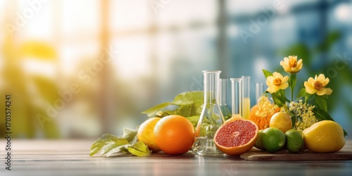 Fototapeta Naklejka Na Ścianę i Meble -  Fresh citrus fruits and flowers on a wooden surface, with glassware