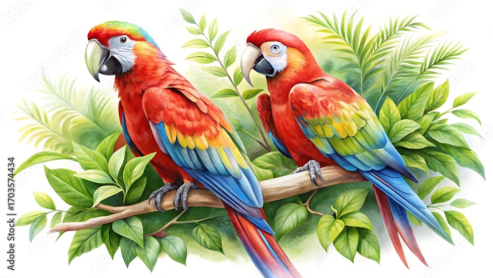 Obraz premium Two vibrant scarlet macaws perched on a branch amidst lush green tropical foliage, a beautiful depiction of natures artistry