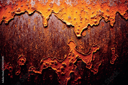 Intricate patterns of rust and corrosion on a metal surface, with vibrant orange hues and deep brown shadows, suggesting decay and time