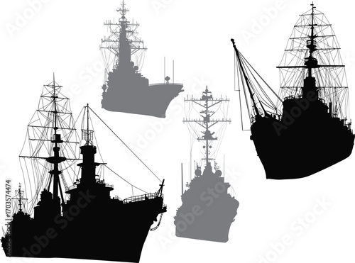 four ship black and grey silhouettes isolated on white