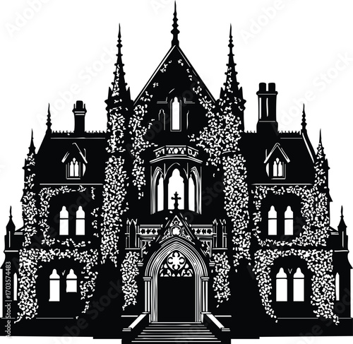 A gothic mansion, , stands silhouetted with its spires, windows, and ivycovered walls, evoking a sense of mystery, history, and architectural grandeur