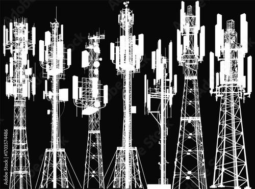group with seven white antenna towers on black