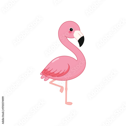 cartoon pink flamingo vector standing on one leg with curved neck and black-tipped beak for tropical themes.