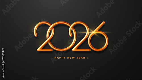 2026 New Year greeting card, elegance horizontal banner template. Luxury 3d realistic thin golden metallic numbers 2026 isolated on black clean background. Vector illustration