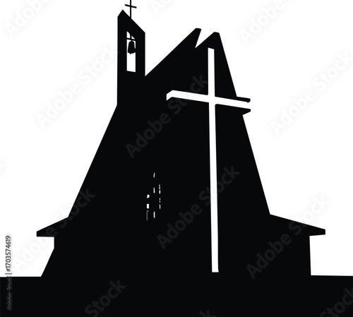 Silhouette of a modern church with a cross, showcasing its architectural design, religious symbolism, and spiritual significance in a minimalist style