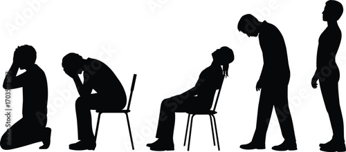 Emotional Silhouettes Vector – Diverse People in Thoughtful, Sad, Reflective, and Relaxed Poses Sitting, Kneeling, Standing – Mental Health and Mood Concept Illustration