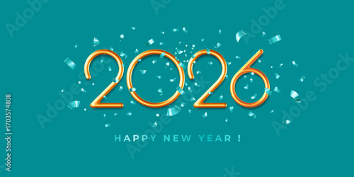 2026 New Year greeting card, elegance horizontal banner template. Luxury 3d realistic thin golden metallic numbers 2026 isolated on turquoise clean background with tinsels. Vector illustration