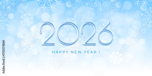 2026 New Year greeting card, elegance horizontal banner template. Luxury 3d realistic thin chrome metallic numbers 2026 on blue winter snowy background with snowflakes and bokeh. Vector illustration