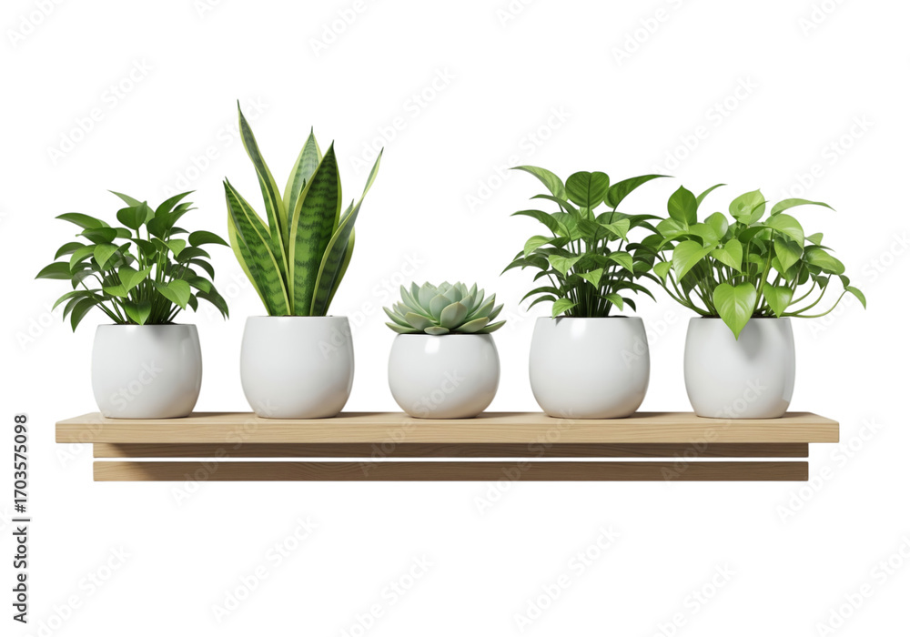 Fototapeta premium A row of five assorted green houseplants in modern white ceramic pots on a wooden shelf, isolated on a white background.