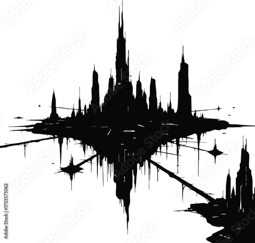 Abstract silhouette of a futuristic city, featuring towering skyscrapers and sharp angles, creating a stark and dramatic cityscape with a sense of mystery and technological advancement