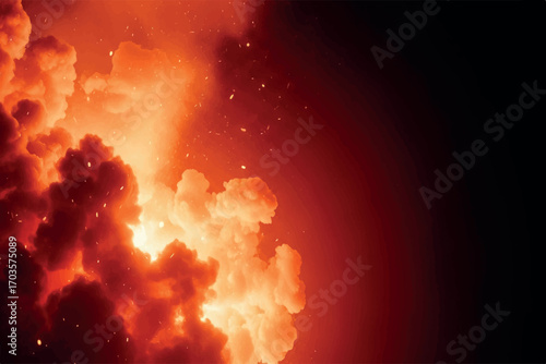 Explosion of bright orange and red fire with glowing embers and particles against a dark background, symbolizing power and destruction