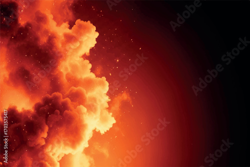 Explosion of fiery orange and yellow clouds with glowing embers and particles against a dark background, symbolizing power and destruction