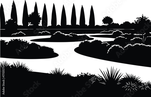 Serene garden landscape silhouette a tranquil black and white silhouette of a garden with cypress trees, water, and lush greenery, evoking peace