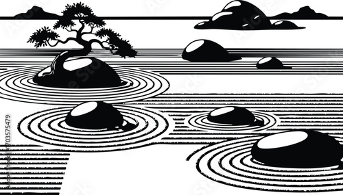 Zen garden with rocks and ripples a serene and minimalist landscape featuring smooth stones, tranquil water, and delicate ripples, creating a peaceful atmosphere
