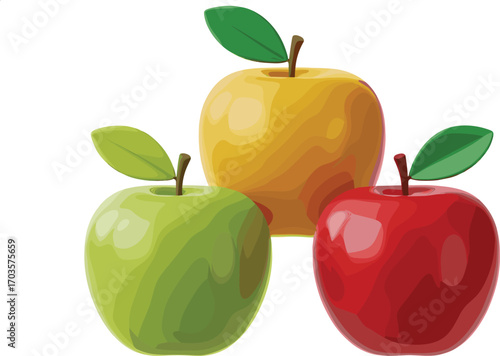 A Trio of Fresh Fruit Featuring a Bright Red Apple a Vibrant Green Apple and a Sunny Yellow Apple with Leafy Stems Ready for Healthy Snacking