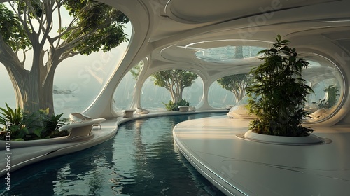 Fototapeta Naklejka Na Ścianę i Meble -  The organic, flowing interior of a futuristic space station with bioluminescent plants.