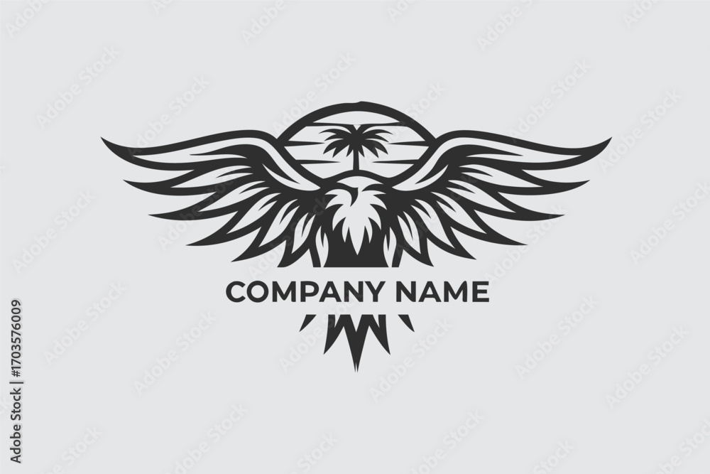 Obraz premium Black eagle with palm tree above on white background in vector