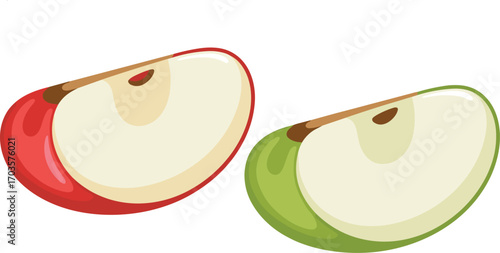 Two Fresh Slices of Ripe Apple One Red and One Green Showing Seeds and Core Detail Healthy Fruit Food Photography Isolated on White Background