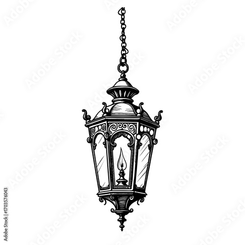 Vintage hanging lantern illustration in black and white perfect for Halloween haunted house and spooky night decoration themes - Halloween - lantern - haunted - vintage - decor