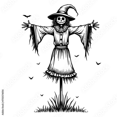 Scarecrow in hat standing on grass in black and white vintage style perfect for Halloween spooky field and autumn designs - Halloween - scarecrow - fall - field - decoration